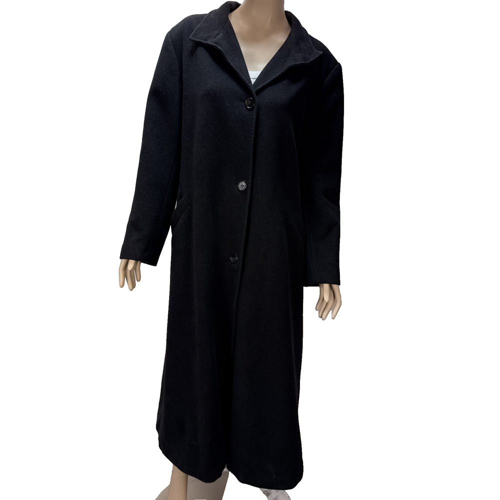 Halston Vintage Minimalist Black Wool Cashmere Overcoat Size 12 Long‎ Coat